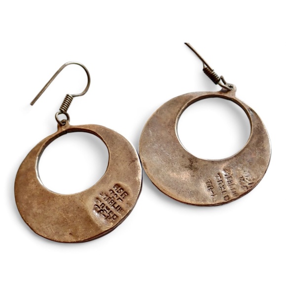 Vintage Mexico Alpaca Inlay Abalone Shell Signed Earrings Hoop Dangle Pierced - Picture 8 of 11